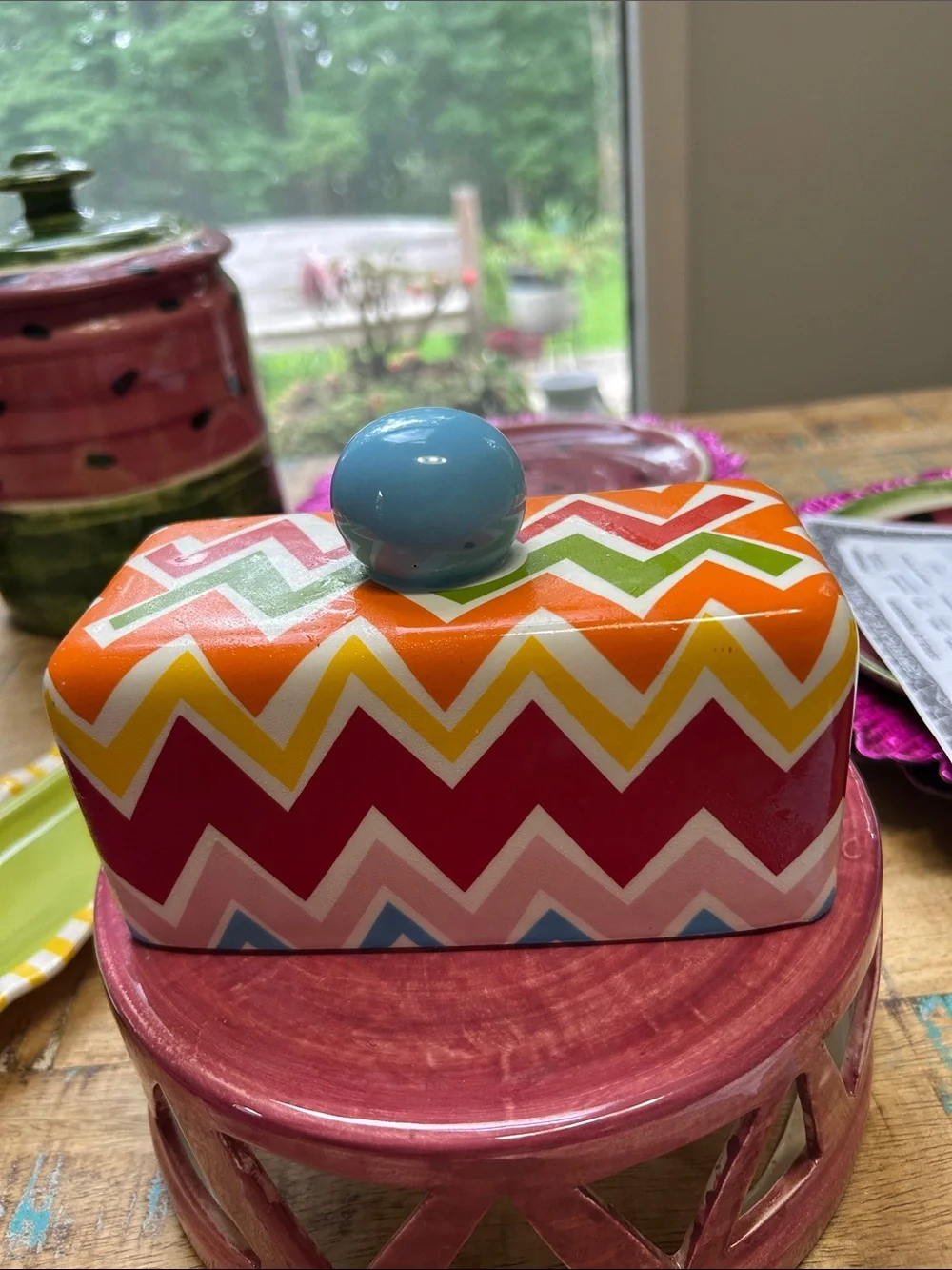 Colorful Chevron Ceramic Butter Dish with Blue Knob